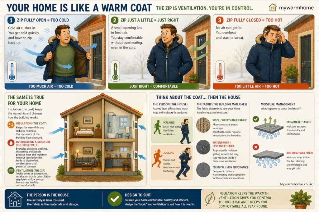 Winter coat analogy for home ventilation and insulation